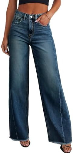 Sidefeel Women's Wide Leg Jeans High Waisted Strechy Raw Hem Zimbaplatinum Denim Pants | Amazon (US)