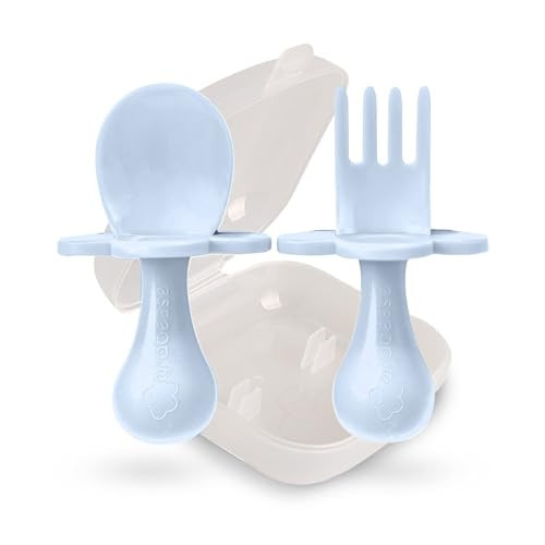 Grabease Baby Spoon & Fork Set with Case - Ergonomic Baby Utensils for Tiny Hands - Short Spoons for Self-Feeding - Training Fork for Toddlers - Ice Blue, Pack of 1 | Amazon (US)