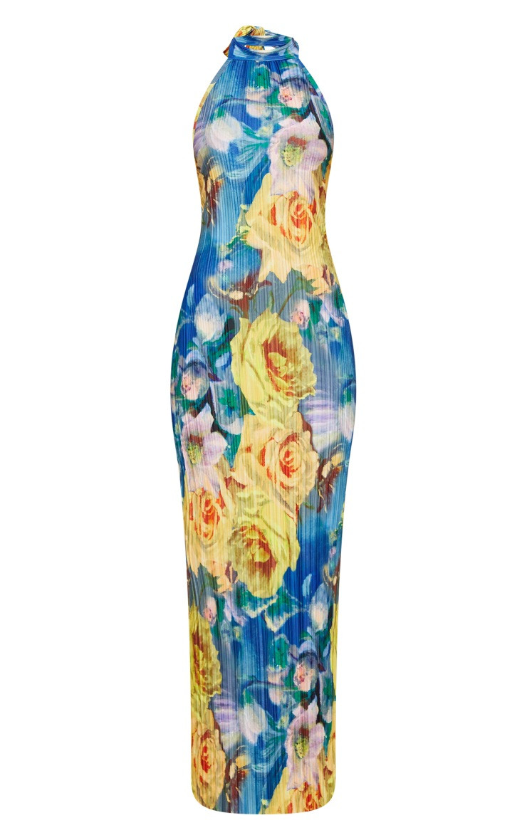 Yellow Floral Print Plisse High Neck Low Back Maxi Dress | PrettyLittleThing US
