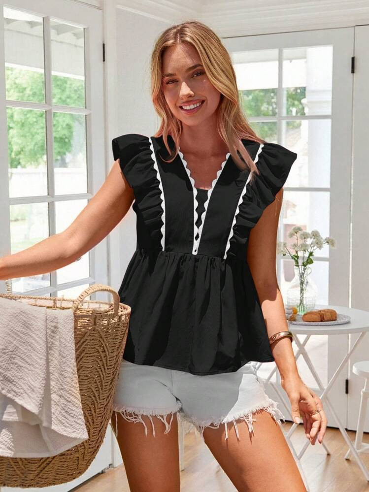 SHEIN VCAY Women's V-Neck Patchwork Ruffle Trim Cap Sleeve A-Line Casual Holiday Blouse | SHEIN