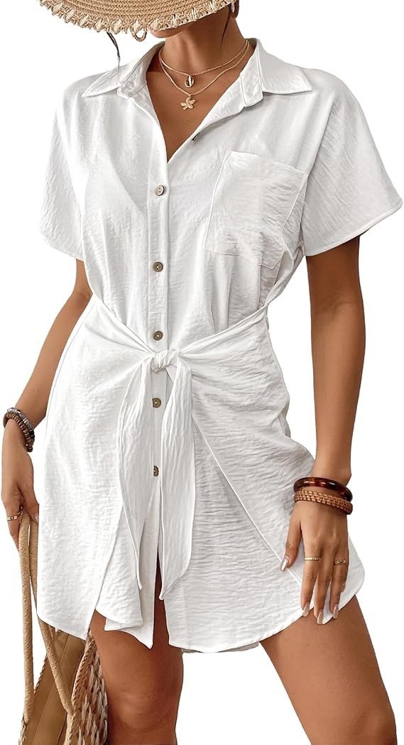 Bsubseach Womens Swimsuit Coverup Tie Beach Shirt Dresses | Short Sleeve Button Down Bathing Suit... | Amazon (US)