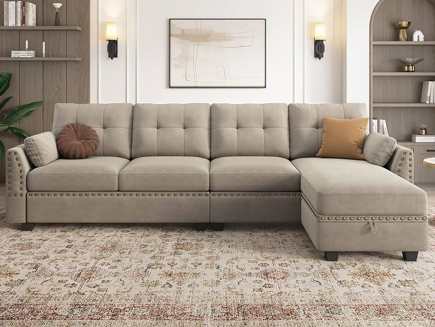 HONBAY Velvet Convertible Sectional Sofa L Shaped Couch with Storage Ottoman Reversible Sectional... | Amazon (US)