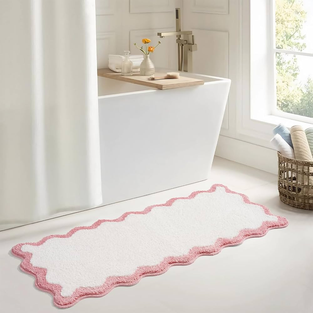 Luxury Cute Bathroom Runner Rugs, White Bath Mat W/Pink Scalloped Edge, Microfiber Aesthetic Tren... | Amazon (US)