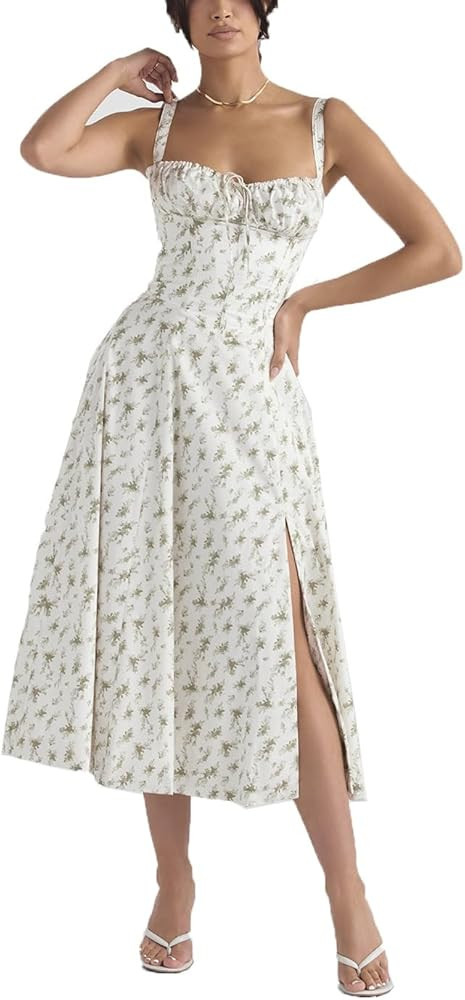 ERMODA Women's Floral Corset Midi Dress,Summer Boho Sleeveless Square Neck Flowy Print Slit Lace ... | Amazon (UK)