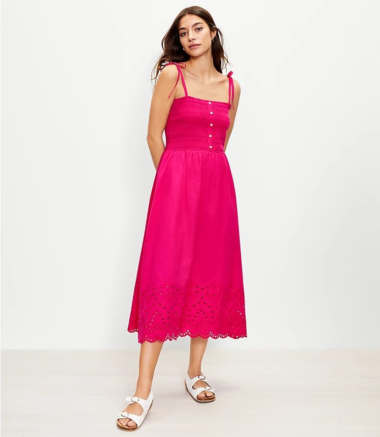 Eyelet Smocked Strappy Midi Dress | LOFT