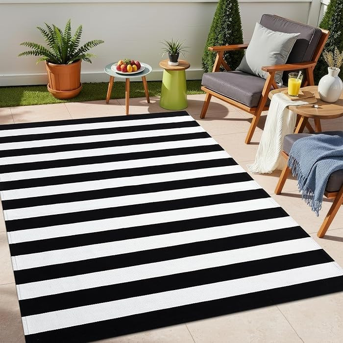 OLANLY Black and White Striped Rug 4' x 6' – Washable Cotton Indoor Outdoor Doormat for Front D... | Amazon (US)