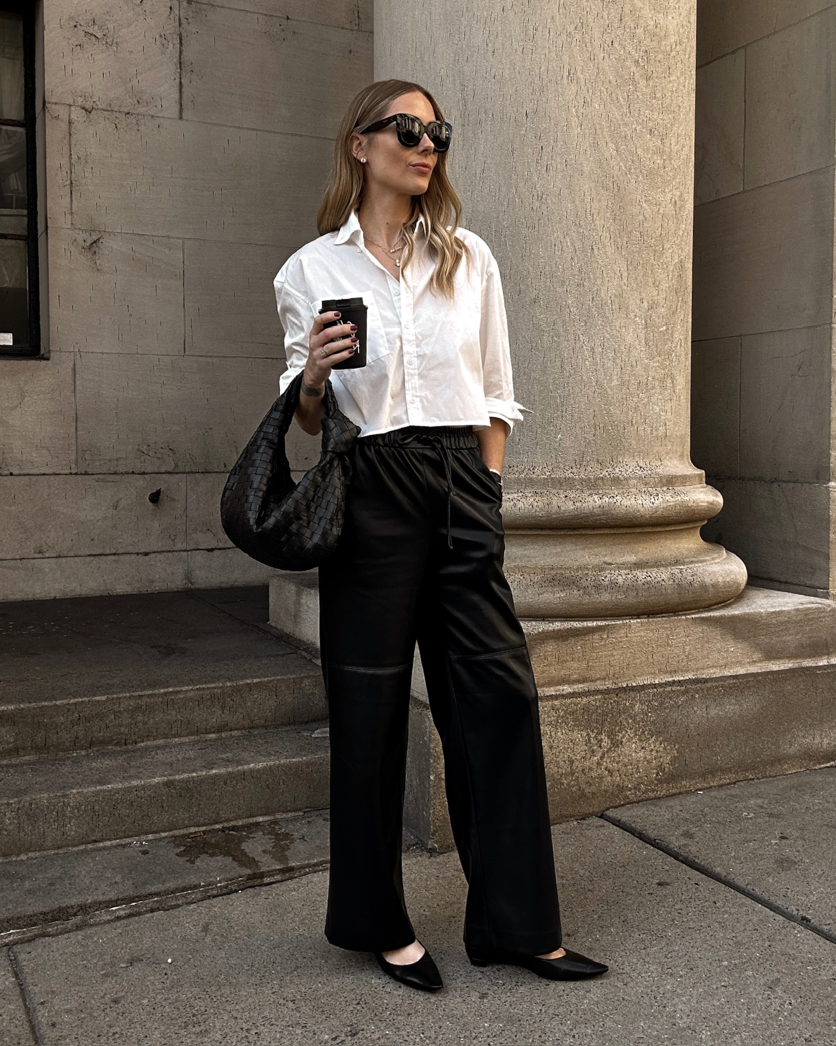 Fashion Jackson, fall outfits, black faux leather pants (small), black flat shoes, white shirt (small) #fashionjackson #MAYSON #streetstyle #falloutfits 

#LTKstyletip