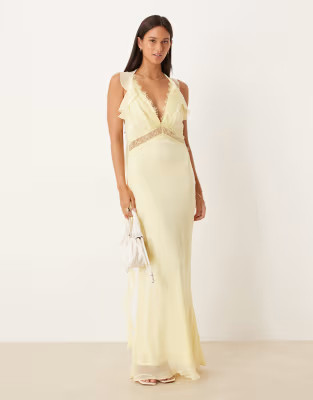 ASOS DESIGN lace inserts slip chiffon midi dress in lemon | ASOS (Global)