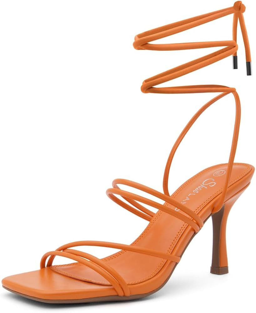 Shoe Land SL-Lumi Women's Lace-Up Heels, Square Open Toe Strappy Heeled Sandals, Ankle Wrap Tie-U... | Amazon (US)