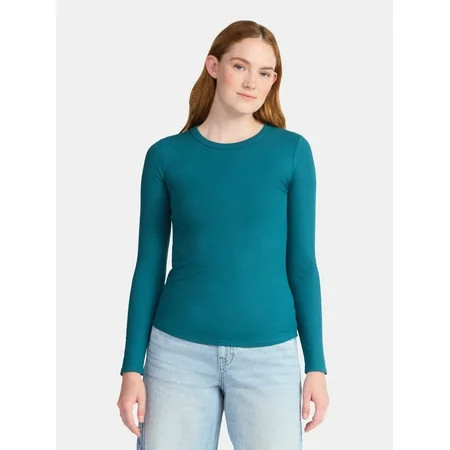 No Boundaries Ribbed Crewneck Tee with Long Sleeves 1 or 2-Pack Women s & Women s Plus XXS-XXL | Walmart (US)