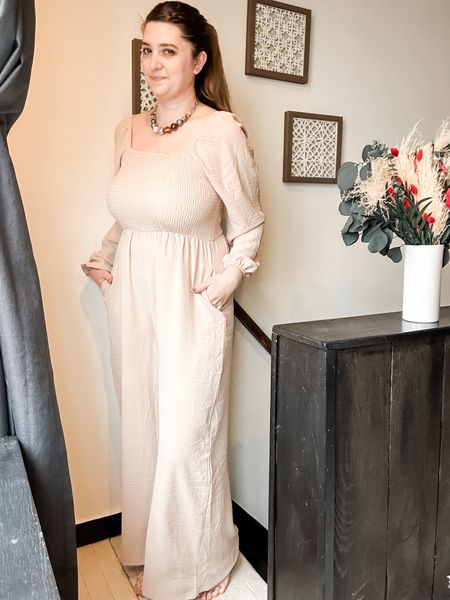 wore this neutral jumpsuit yesterday for Easter - super lightweight and flowy, smocked top, has pockets, comes in lots of colors. i wore medium - could have gone large just for the length.

#LTKSeasonal #LTKFestival #LTKfindsunder50