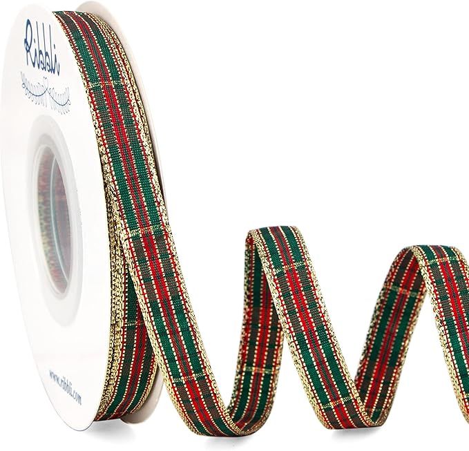 Ribbli Christmas Gingham Ribbon with Metallic Gold Edge 3/8 Inches x Continuous 25 Yards,Christma... | Amazon (US)