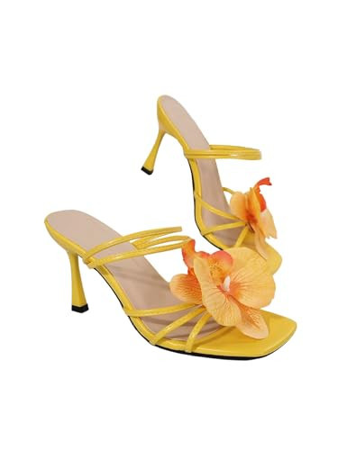 MakeMeChic Women's Open Toe Floral Kitten Heels Flower Summer Beach Sandals Yellow Solid 9.5 | Amazon (US)