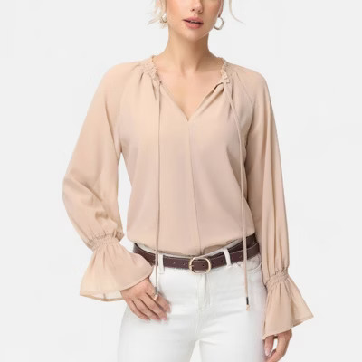 Anna-Kaci Women's Long Sleeve Blouse with Flounce Cuffs and Ruffle Trim Tie Neck Design - X Large, Beige | Target