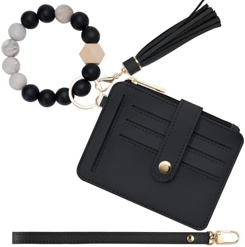 Keychain Wallet with Bracelet RFID Blocking Wristlet Credit Purse Card Holder, Silicone Bead Tass... | Amazon (US)