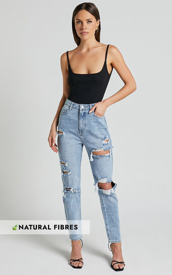 Billie Jeans - High Waisted Cotton Distressed Mom Denim Jeans in Mid Blue Wash | Showpo (US, UK & Europe)