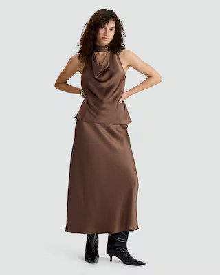 The F&F Edit Satin High Cowl Neck Sleeveless Blouse in Brown | Tesco F&F