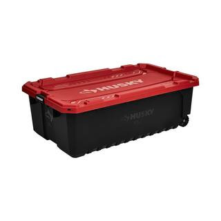 57 Gal. Pro Grip Storage Tote with Wheels in Black with Red Lid | The Home Depot