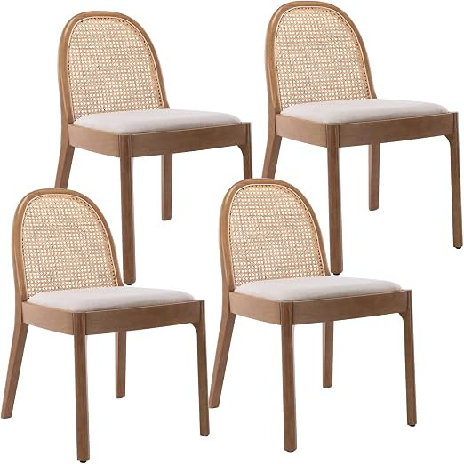 LukeAlon Modern Linen Dining Chairs Set of 4, Natural Woven Rattan Cane Back Side Chairs with Sol... | Amazon (US)