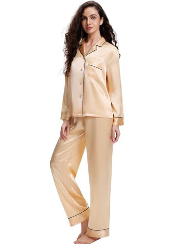 Lonxu Silk Satin Womens Pajama Sets Button Down Sleepwear Loungewear LightYellow 3XL | Amazon (US)
