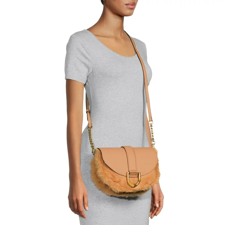 Scoop Women's Crossbody Saddle Bag with Faux Fur Brown | Walmart (US)