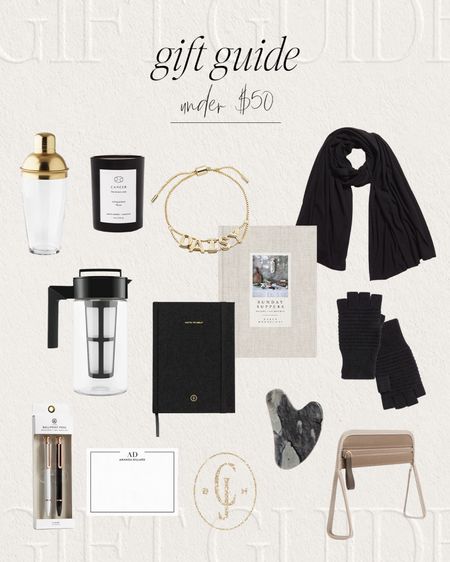 Cella Jane gift guide for her under $50. Glass cocktail shaker, zodiac candle, personalized bracelet, wrap scarf, cookbook, journal, pens, cold brew maker, gloves, personalized stationary, travel case  

#LTKstyletip #LTKHoliday