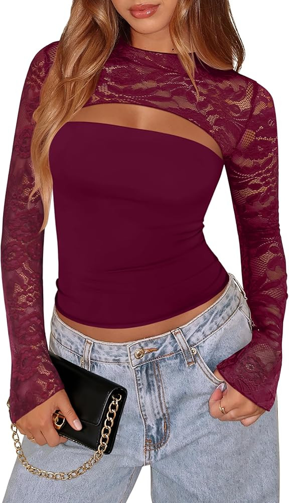 Women's Lace Long Sleeve Going Out Tops Sexy Y2K Crew Neck Cutout Double Lined Slim Night Out Shi... | Amazon (US)