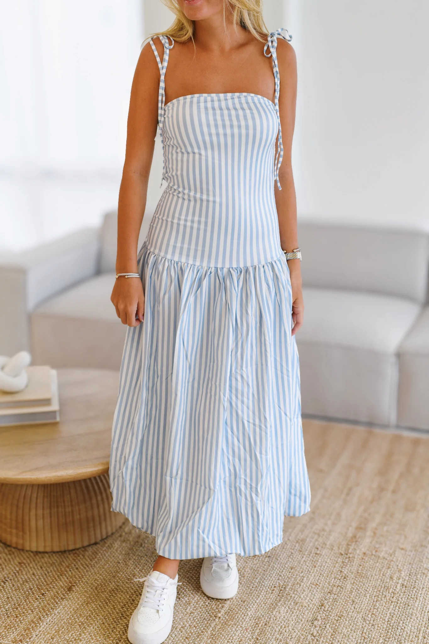 Melissa Striped Bubble Midi Dress - Blue/White (PREORDER 2 WEEK DELIVERY) | Fancyd Boutiqe