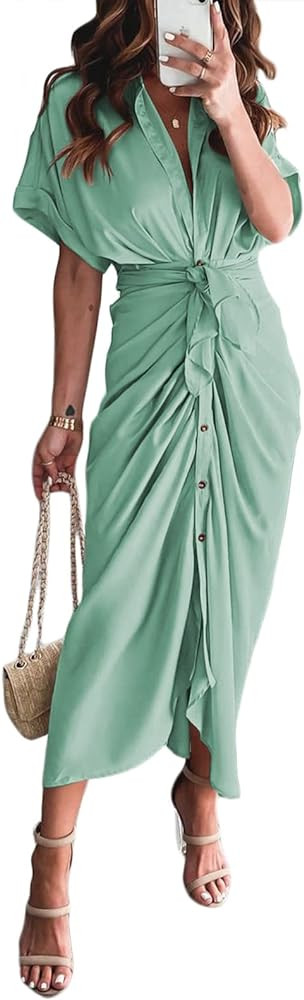 Women Elegant Satin Button Down Short Sleeve Maxi Shirt Dress with Belt | Amazon (US)