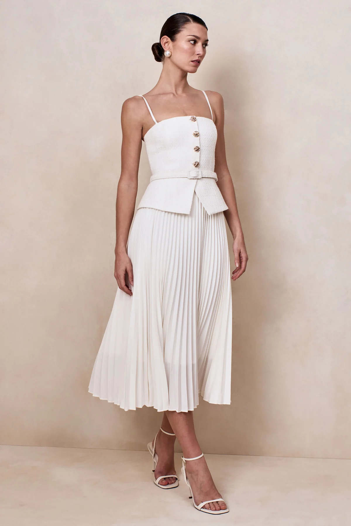 Lizzy  Cream Square-Neck Midi Dress With Pleated-Skirt | Club L London