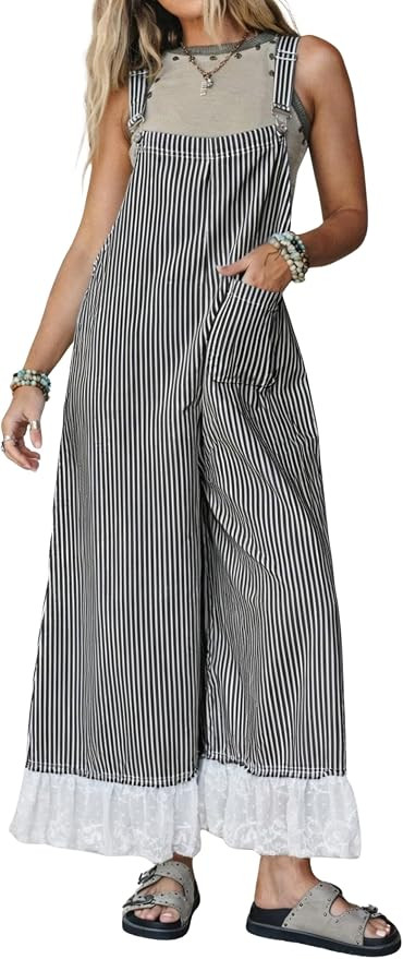 Himosyber Women's Overalls Striped Wide Leg Jumpsuits | Lace Ruffle Hem, Adjustable Straps, Boho ... | Amazon (US)