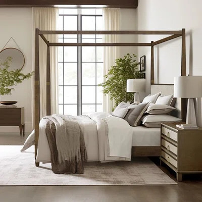 Canopy Bed Queen In Brown - Solid Wood Construction Foam Upholstered Headboard And Metal For Size Foot Board 100% Fabric Veneer Side Rail Slat Foundat | Wayfair North America