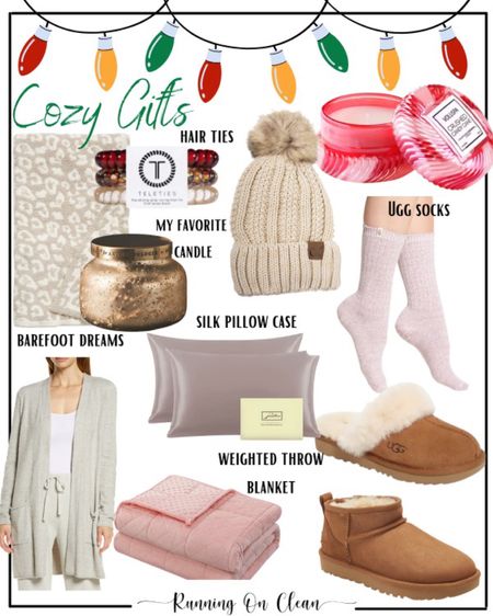 Cozy gifts for her! 

Cozy blanket (Barefoot dreams) 
Hair ties
Beanie 
Gold Candle 
Peppermint candle 
Silk pillow case
Ugg socks
Ugg slippers 
Low rise Ugg boots
Soft cardigan (Barefoot dreams) 
Weighted throw 

Affiliate links 

#LTKGiftGuide #LTKHoliday #LTKSeasonal