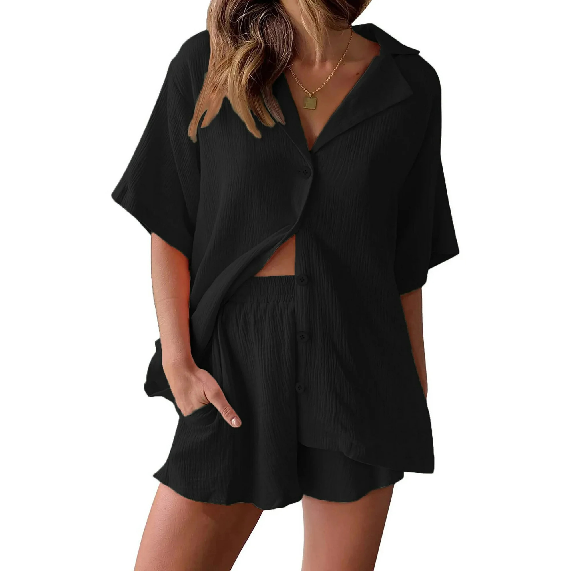 Fantaslook 2 Piece Lounge sets for women Button Down Shirts and Shorts Casual Set Short Sleeve Su... | Walmart (US)