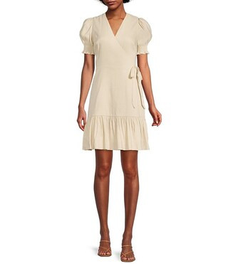 Cleo Stretch Linen Surplice V-Neck Short Puff Sleeve Wrap Tie Dress | Dillard's