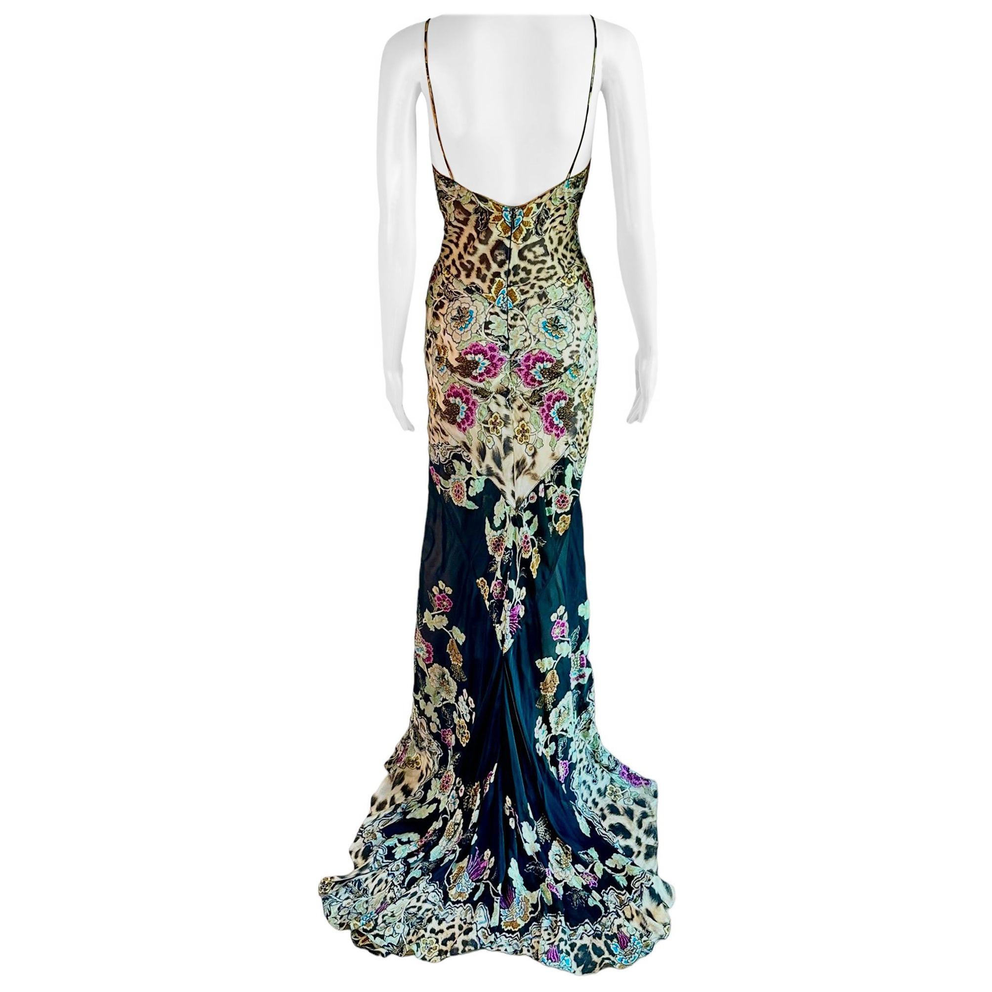 Roberto Cavalli S/S 2003 Chinoiserie Print Silk Train Maxi Evening Dress Gown | 1stDibs