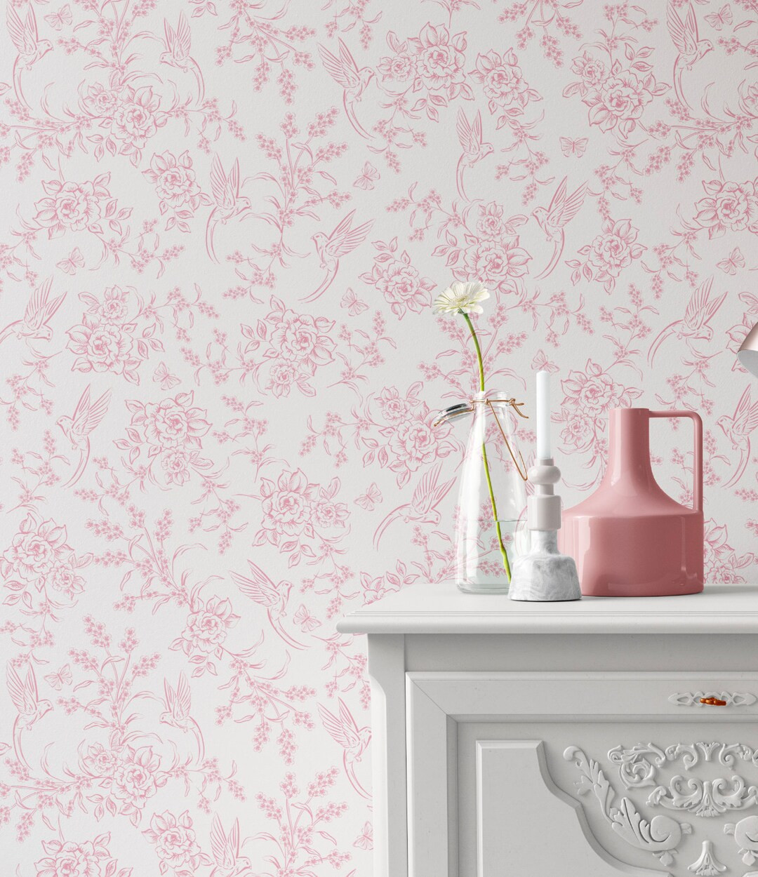 Vintage Country Charm Grandmillennial Toile in Pink. Removable Smooth Pre-pasted Wallpaper or Pee... | Etsy (US)