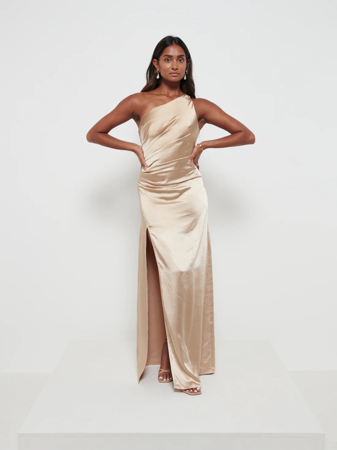 Amelia Ruched Maxi Bridesmaid Dress - Matte Bronze | Pretty Lavish (UK)