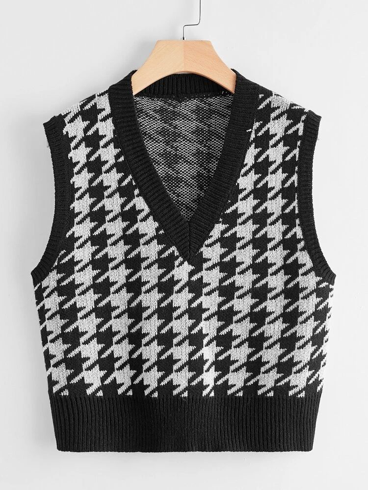 V Neck Houndstooth Pattern Sweater Vest | SHEIN