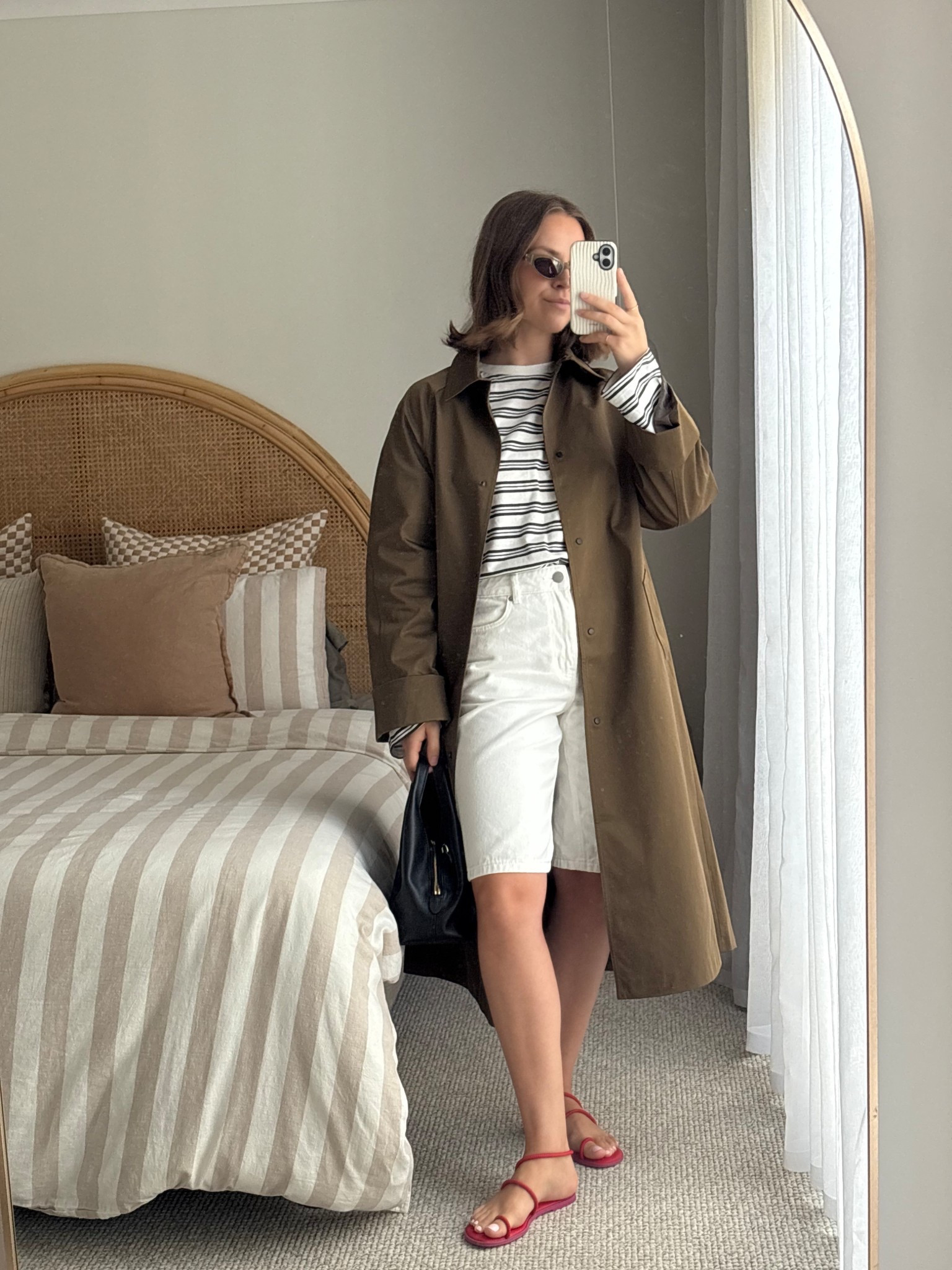 Wearing S in coat and tee
Size 10 in shorts 
Shoes linked are not the same but very similar style 
