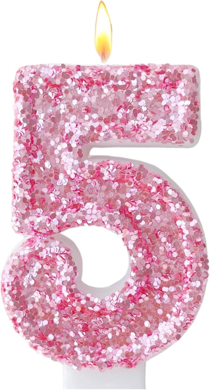 Pink Birthday Candles, Number 5 Candle for Cake, Glitter Pink Cake Topper Princess Birthday Party... | Amazon (US)