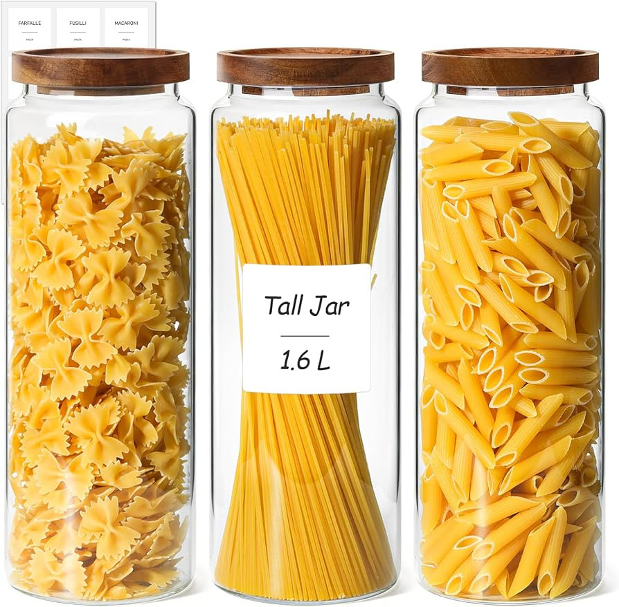 ComSaf 1.6L Glass Spaghetti Jars with Wooden Lids for Pasta Storage, 3 Pack | Amazon (UK)