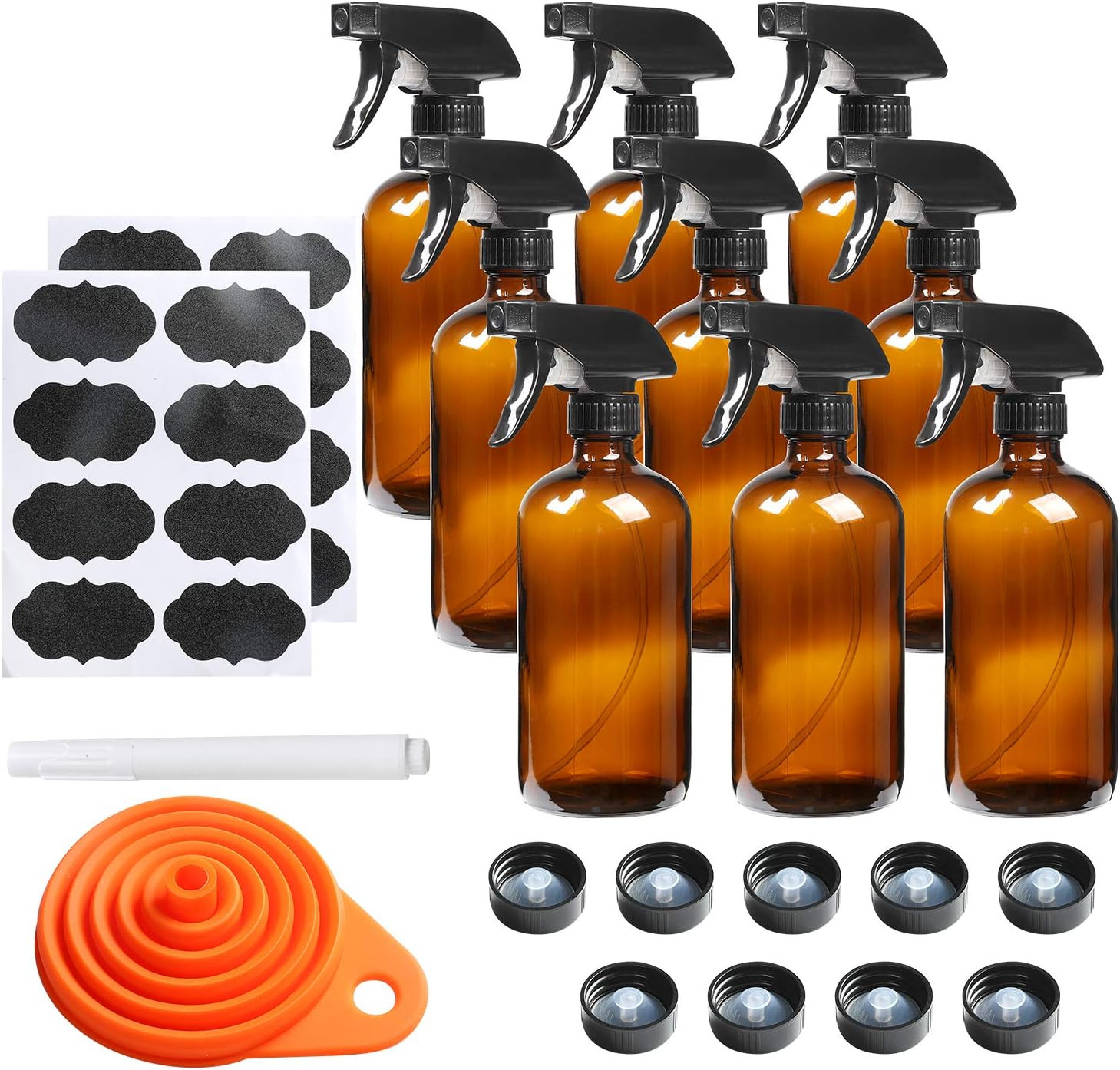 9 Pack Glass Spray Bottle 16oz, Empty Amber Spray Bottle Refillable Container for Essential Oils,... | Amazon (US)