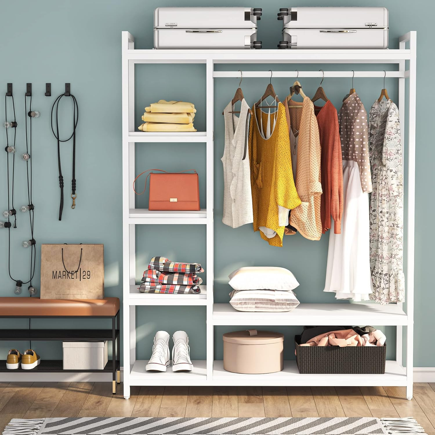 LITTLE TREE Free Standing Wood Closet Clothes Rack,Heavy Duty Grament Rack with Shelves,Hanging R... | Amazon (US)