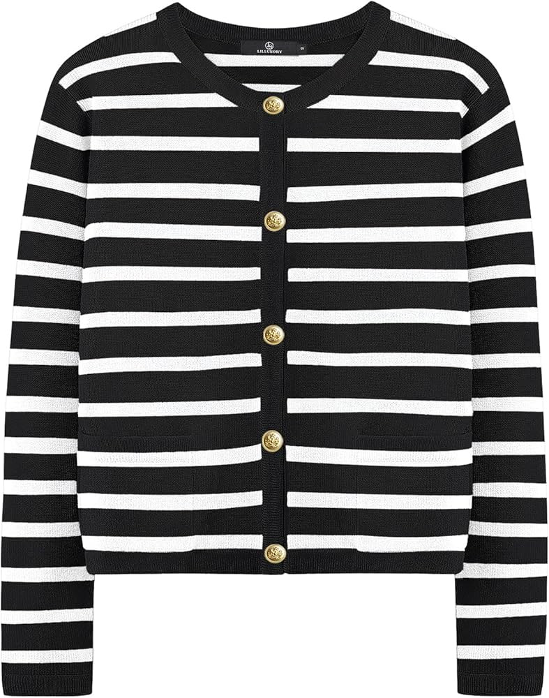 LILLUSORY Women's Crew Neck Gold Buttons Cardigan Sweaters Lady Jacket with Patch Pockets | Amazon (US)