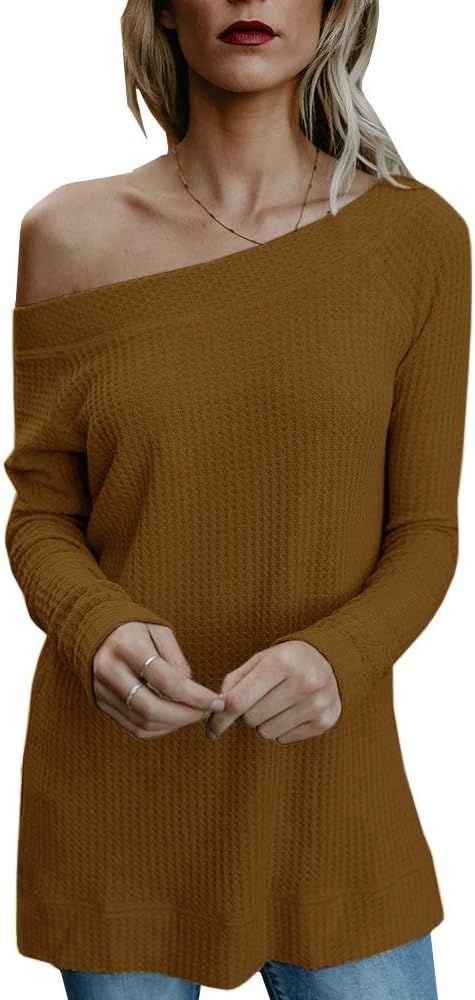Beautife Womens Sweaters Off Shoulder Casual Oversized Long Sleeve Knit Pullovers Tunic Tops | Amazon (US)