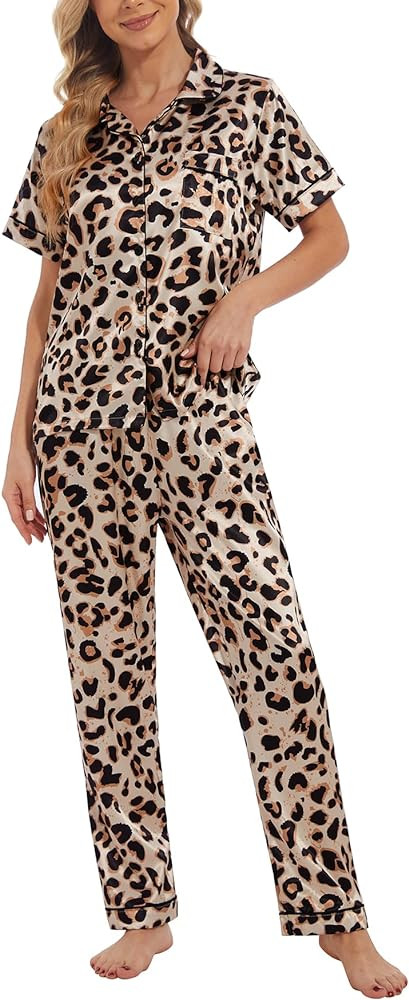 YIJIU Womens Silk Satin Pajamas Set Short Sleeve Sleepwear Soft Button Down Loungewear Two-piece ... | Amazon (US)