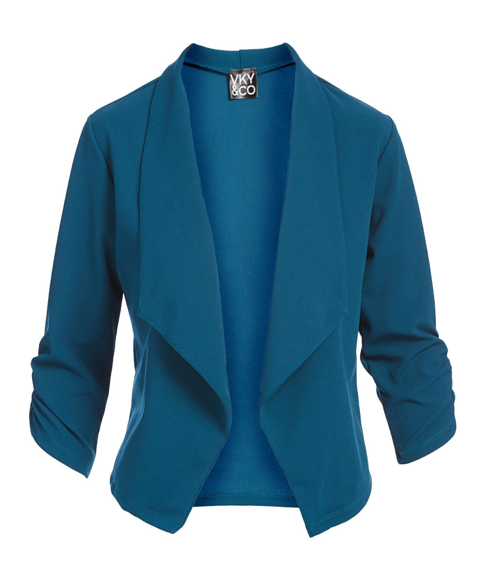 Teal Crepe Knit Three-Quarter Sleeve Open Blazer - Women & Plus | Zulily