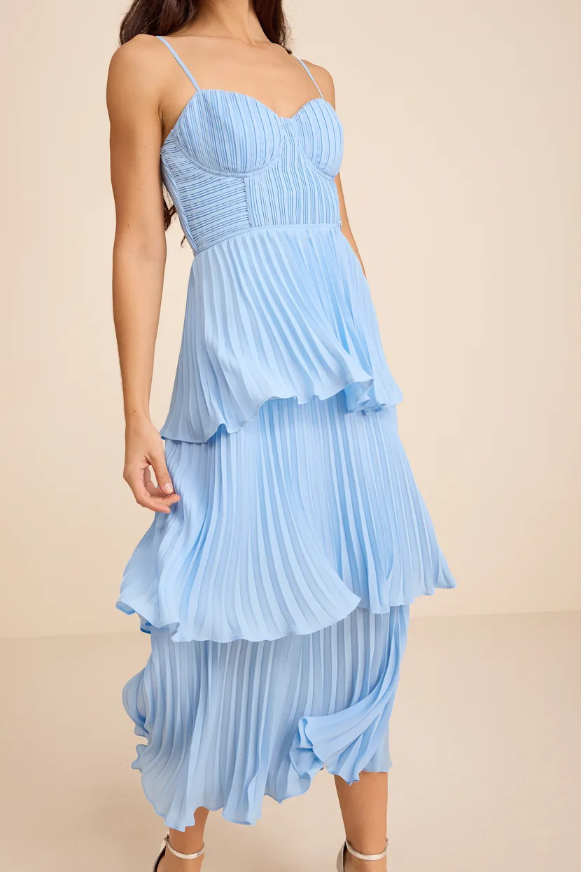 Cascading Crush Light Blue Tiered Bustier Midi Dress | Lulus