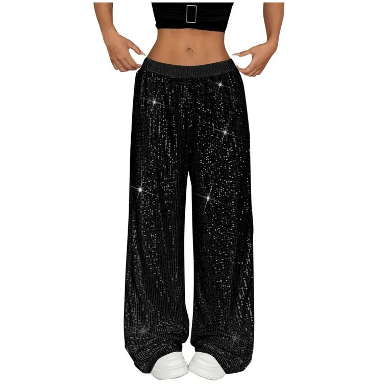 Byworldtasic Shiny Sequin Wide Leg Pants for Women No Boundaries Elastic Waist Sparkly Baggy Pant... | Walmart (US)